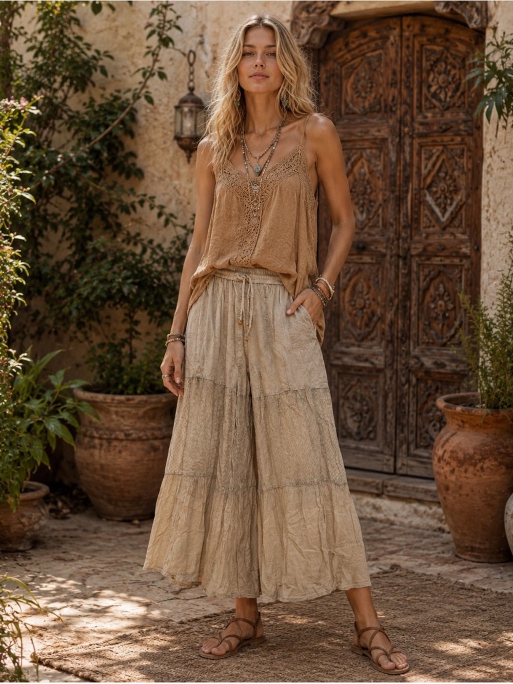 Young threads Bohemian Wide-Leg Tiered Pants in Beige 100% cotton